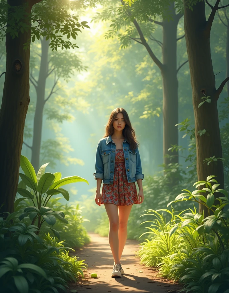 relaxed woman walking through a lush, green forest path, surrounded by tall trees and dappled sunlight. She’s dressed in a casual yet stylish denim jacket over a floral print mini dress, her natural beauty enhanced by the tranquil surroundings. The background is rich with detailed foliage, soft shadows, and a peaceful atmosphere."