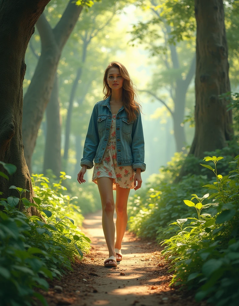 Relaxed woman walking through a lush, green forest path, surrounded by ...