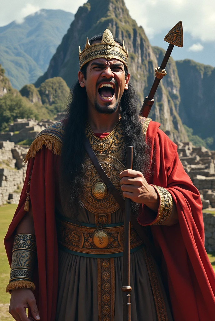 Inca Pachacutec in Machu Picchu with Inca insignia with the face of Pachacutec and more realistic with weapons and the face of an enraged Pachacutec. Without a beard, without a beard and angry. It could be that he is a beardless Inca. 