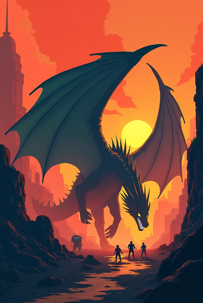 "Create a dramatic, minimalistic illustration of the final battle against the dragon in Borderlands 2. Position the dragon prominently in the first third of the image, with a sense of dynamic action. The background should be a simplified, abstract version of the battle environment. Employ bold colors and geometric shapes to convey the epic scale and intensity of the fight, inspired by Olly Moss's style."