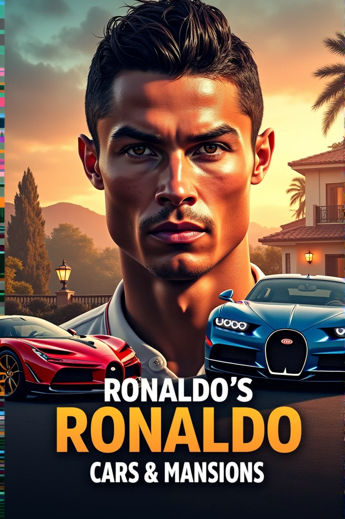 Create an eye-catching thumbnail for a YouTube video focused on Cristiano Ronaldo. The thumbnail should prominently feature a high-quality image of Ronaldo, surrounded by visuals representing luxury, such as a mansion, high-end cars (Bugatti, Ferrari), and luxury watches. Include bold, dynamic text that reads 'Ronaldo's Lavish Life' and 'Cars & Mansions' in contrasting colors to make the text pop. Use a vibrant background that reflects wealth and luxury, like a sunset or city skyline, ensuring Ronaldo is the central figure."