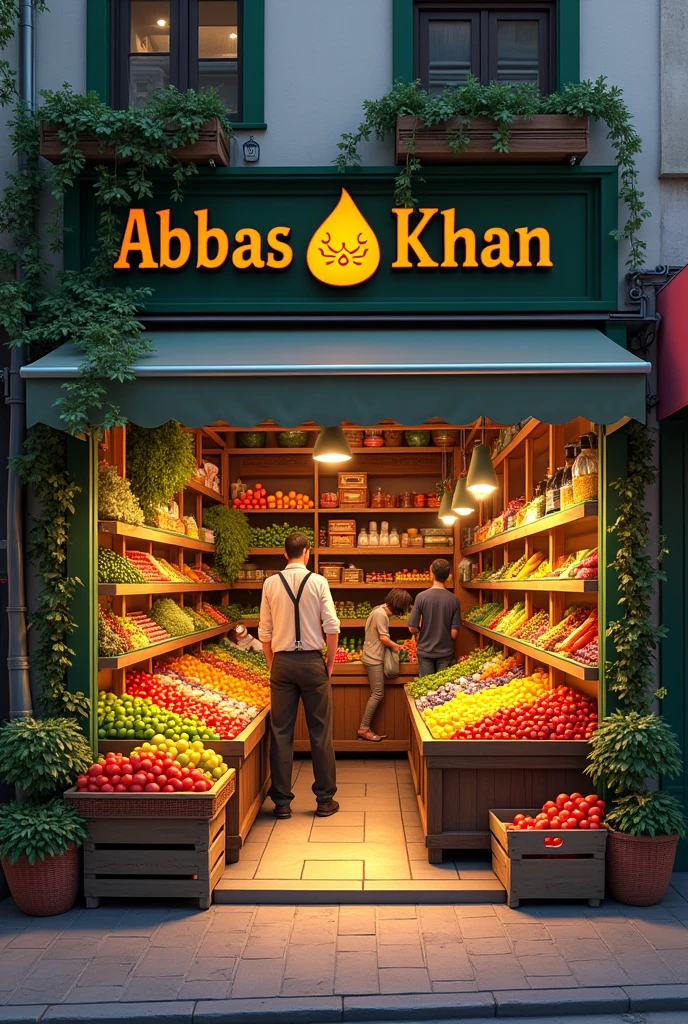 Vegetable and fruit shop with ABBAS KHAN logo