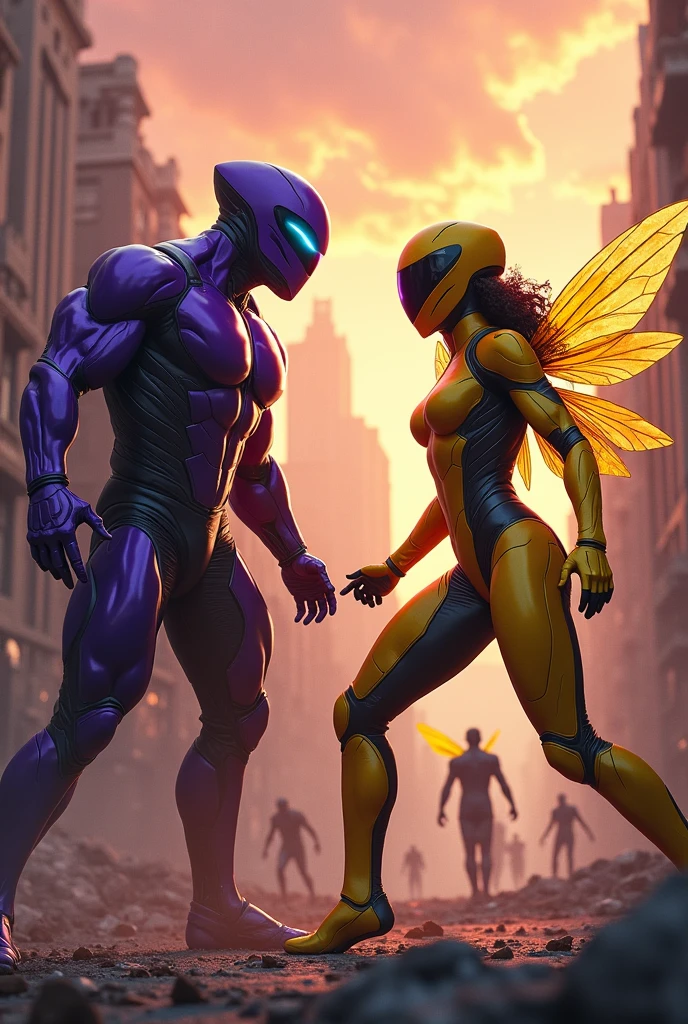 (photorealism: 1.2), villain, muscular man, dressed in a purple futuristic suit, wearing a purple helmet, fighting a heroine with a yellow futuristic suit, with a futuristic helmet, with the wasp-style suit, exterior , destroyed city, villains and heroes fighting in the background, destroyed buildings, reddish sky, warm colors