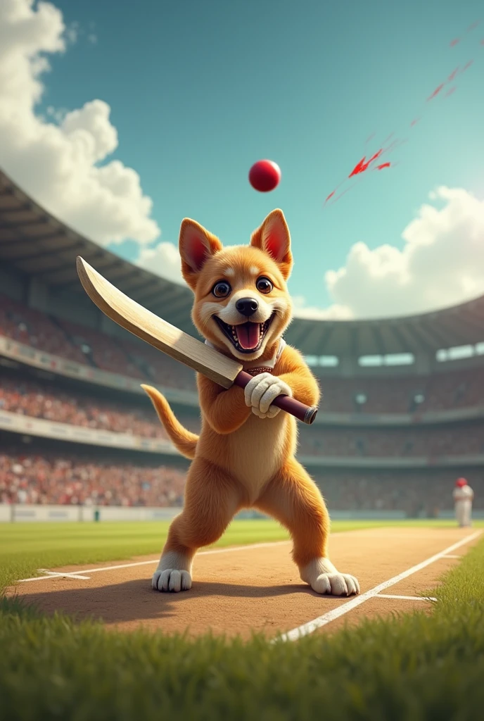 A dog playing cricket hitting a six in a stadium  with a knife not a bat
