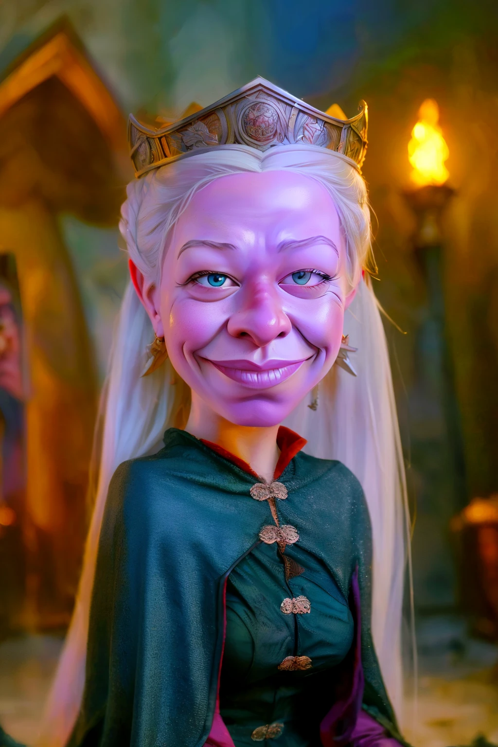 (((caricature style: 1.5))), exaggerated features, bold lines, vibrant colors, digital painting, cartoonish, big head, smiling,long neck,  (( Rhaenyra Targaryen caricature, exaggerated features, silver hair flowing in the wind, intense purple eyes)) , regal yet determined expression, dragon scales subtly integrated into her clothing, sitting on an iron throne made of dragon bones, background of a burning city, dramatic lighting, digital painting, cartoonish, bold lines, vibrant colors, high contrast, sharp details, fantasy elements, medieval atmosphere, epic and powerful, (masterpiece: 2), best quality, ultra highres, original, extremely detailed, perfect lighting
