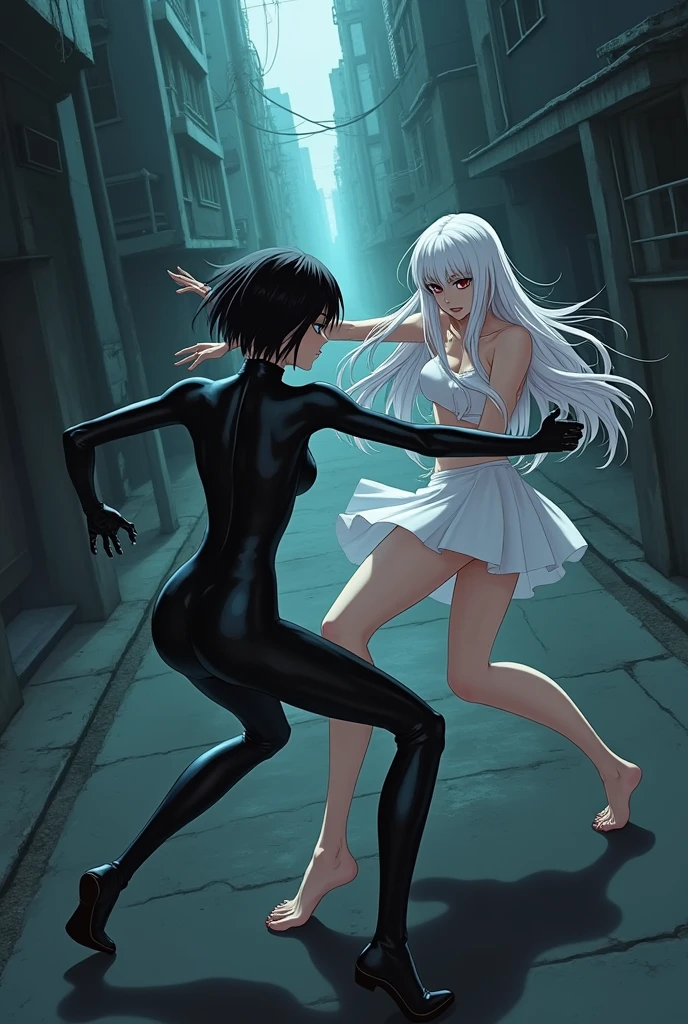The image is anime style Darker than black with shadows and dim lights, anime style although somewhat adult and dark, It shows a scene of the roads of a city. In the image, an albino with long white hair and red eyes is fighting., who wears a short white dress and has bare feet, against a female android who has short black hair and a latex suit and one blue eye and the other brown. They fight bare-knuckle on the road. They are in combat stances. The image is focused from above, so you can barely see the fighters in question. Only they are in the picture