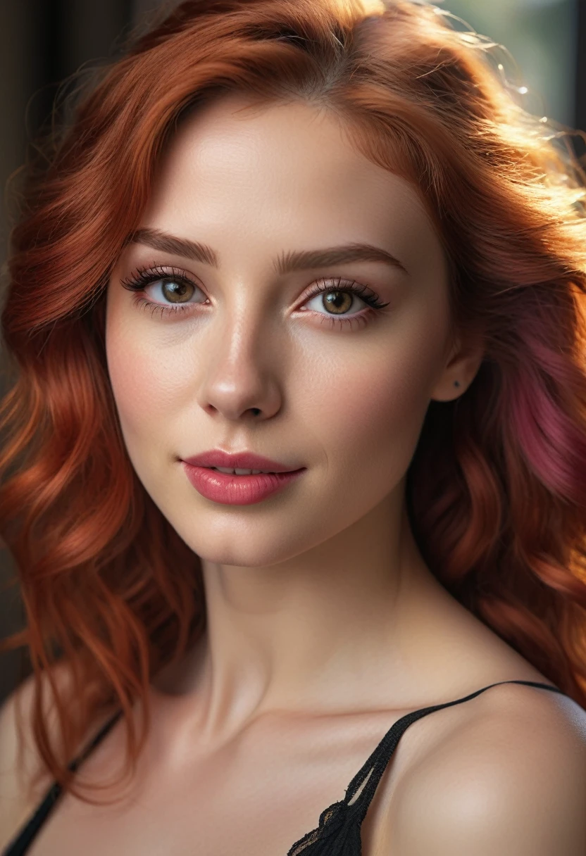 (A woman with strikingly beautiful and captivating face, intense amber eyes like honey glowing in the sunlight with depth that draws you in, framed by long dark lashes, porcelain skin with a soft, flawless ethereal appearance, fiery red hair cascading in loose waves that catch the light and seem to glow with each movement, perfect arched brows matching the hair color adding balance and symmetry, full naturally red lips with a warm, welcoming smile, high defined cheekbones, a slender, athletic figure with medium breasts and large pink nipples, a slim waist, toned abdomen with a navel piercing, wide hips, a neatly trimmed pubic area, long sensual legs, wearing high black stilettos, best quality,4k,8k,highres,masterpiece:1.2,ultra-detailed,realistic,photorealistic,photo-realistic:1.37,HDR,UHD,studio lighting,ultra-fine painting,sharp focus,physically-based rendering,extreme detail description,professional,vivid colors,bokeh,portrait)