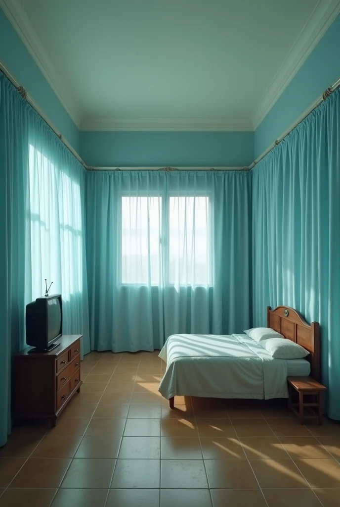 Please draw a realistic room measuring 3 meters by 3 meters.

On each wall, place exactly three sky-blue curtains, all of the same size. The curtains should be perfectly organized and closed, completely covering the walls behind them. There should be no windows or other details on the walls, only the three curtains on each wall.

In one corner of the room, place a simple bed with an antique wooden headboard. The headboard should be against the back wall, and the left side of the bed should be against the left wall.

On the wall directly in front of the bed, place a rack with six drawers, positioned horizontally in the middle of the wall. On top of the rack, place an old tube television.

The floor should be made of old, brownish tiles.

Do not add any details other than those described. Be precise with the quantities and placements specified: exactly three curtains on each wall, no windows, and no additional items.