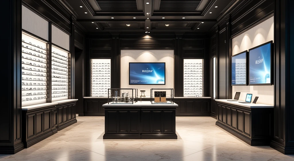I created an image of the physical location for my optician called Irishop. The colors of the logo are black, white, and a blue scale., the concept is vintage, elegant, with things mounted on wood and metal, with marble floor, with iPads and digital screens
