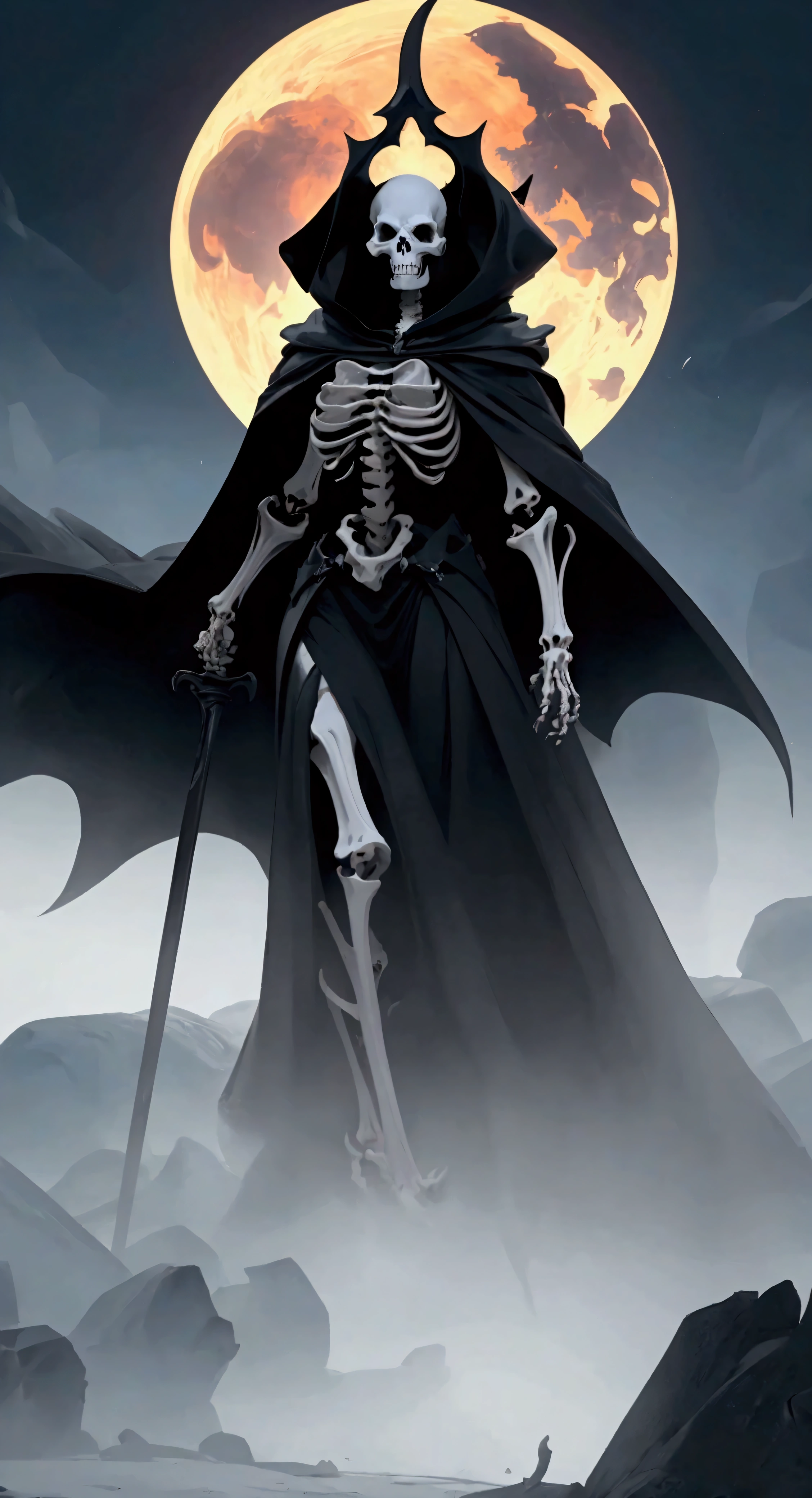 envision a 8k, highres, realistic, cinematic, dynamic, full body design of a giant skeleton monster woman made of bones large enough to fill the sky wearing a long flowing robe and cape wielding a giant bone scythe in a dark fantasy style against a dark gray background