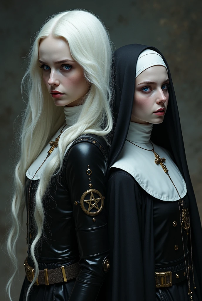  Middle Ages Albino, with dark alchemist clothes, White hair, violet eyes with a pentagram and a steampunk prosthesis on her left arm with her back leaning against the back of her twin sister dressed in white and black nun clothes with a cross around her neck.