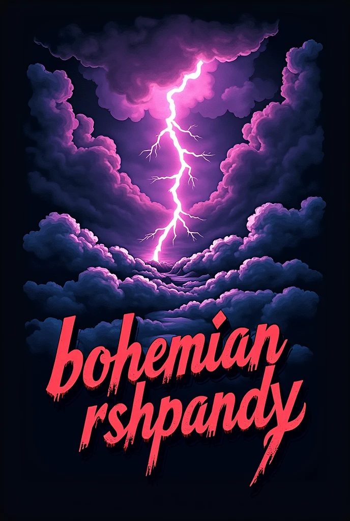 T-shirt with black background image print with gray clouds and thick dark purple lightning bolts in comic book comic art style with "BOHEMIAN RHAPSODY" written in red