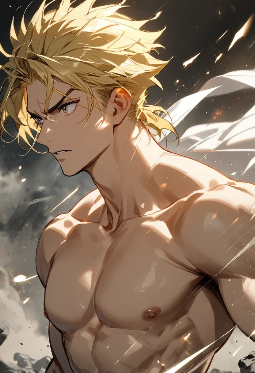 1boy, masculine , blond hair, fighter, shirtless