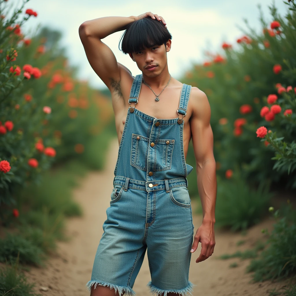 vintage photography of a well-built man as a ((data dive drifter)) with ((blunt cut hair)) wearing (vintage clothes),dressed in denim jumpsuit,light blue,sleeveless,lace-up front,fringed hem,dirt pathway,green plants,red flowers,standing upright,hand in hair,facing camera,close-up shot,three-quarter view,shallow depth of field,at a concert performance,Square color palette,Earth Tone color palette,dynamic composition,(side view:1.2),shot on Fujifilm X100V with Fujinon 23mm f-2,photo by Miki Asai 