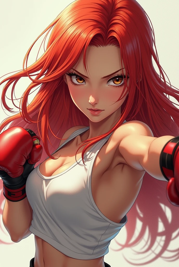  with long red hair, lightbrown eyes, pale skin, fighting kickboxing in anime version, pretty.