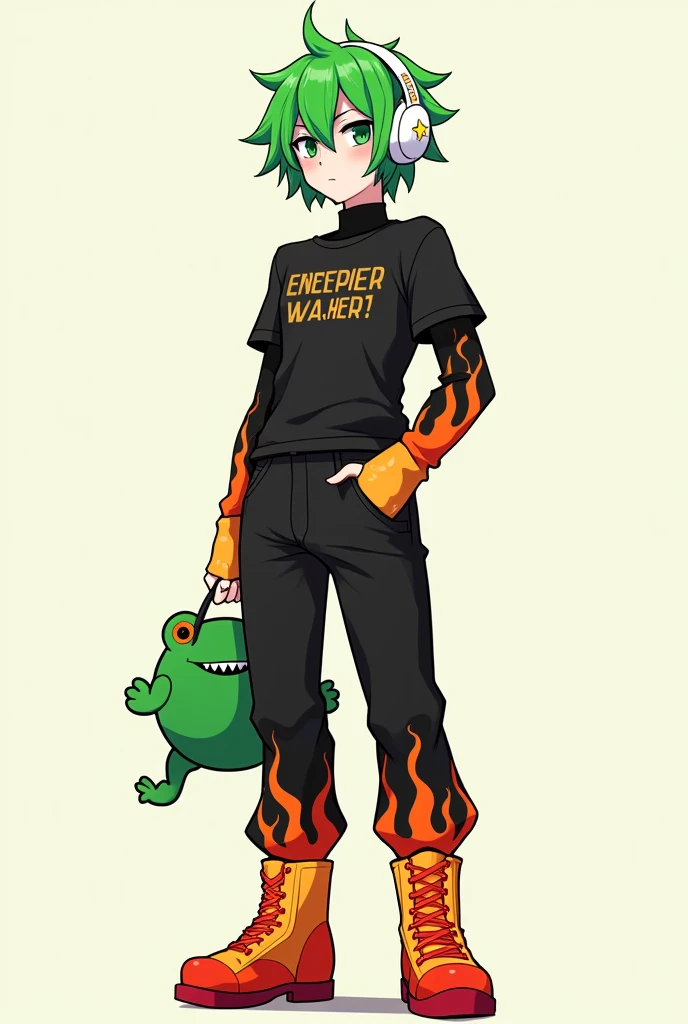 male character, with green hair, green eyes, white headphones with stars, a kawaii green frog bag , black shirt with fire pattern, black pants with fire pattern, orange and red boots, and be an adult.