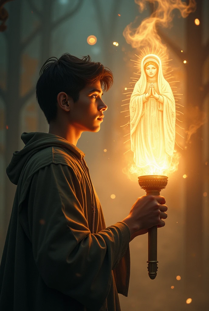 Young man with a torch in his hand and the Virgin of Guadalupe appearing on the torch, that has a title with the name of heavenly Guadalupan love