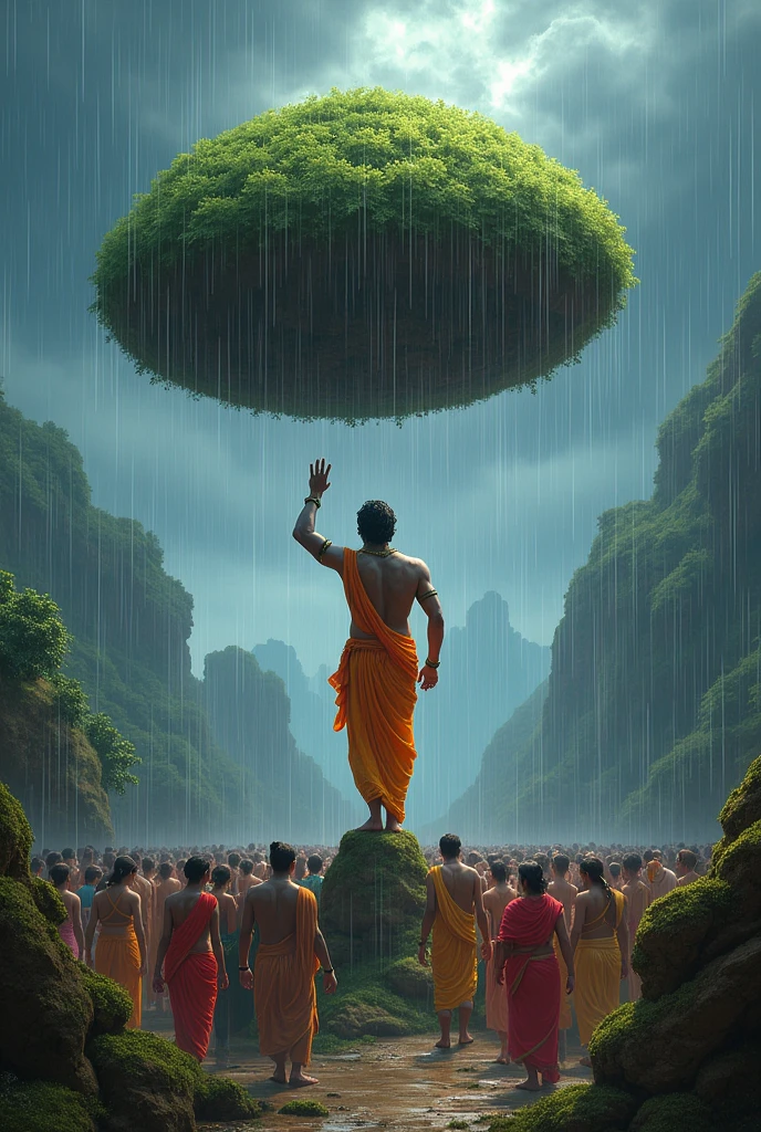 Shri krishna pull gobardhan hill on finger. People taking shelter under to save from huge rain