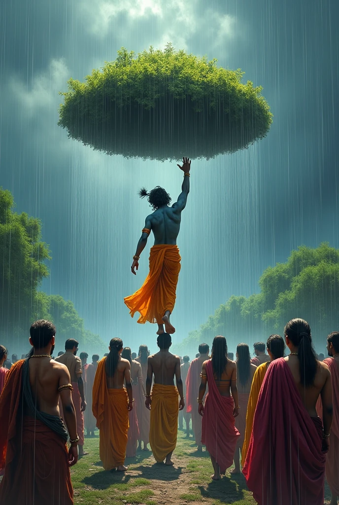 Shri krishna pull gobardhan hill on finger. People taking shelter under to save from huge rain