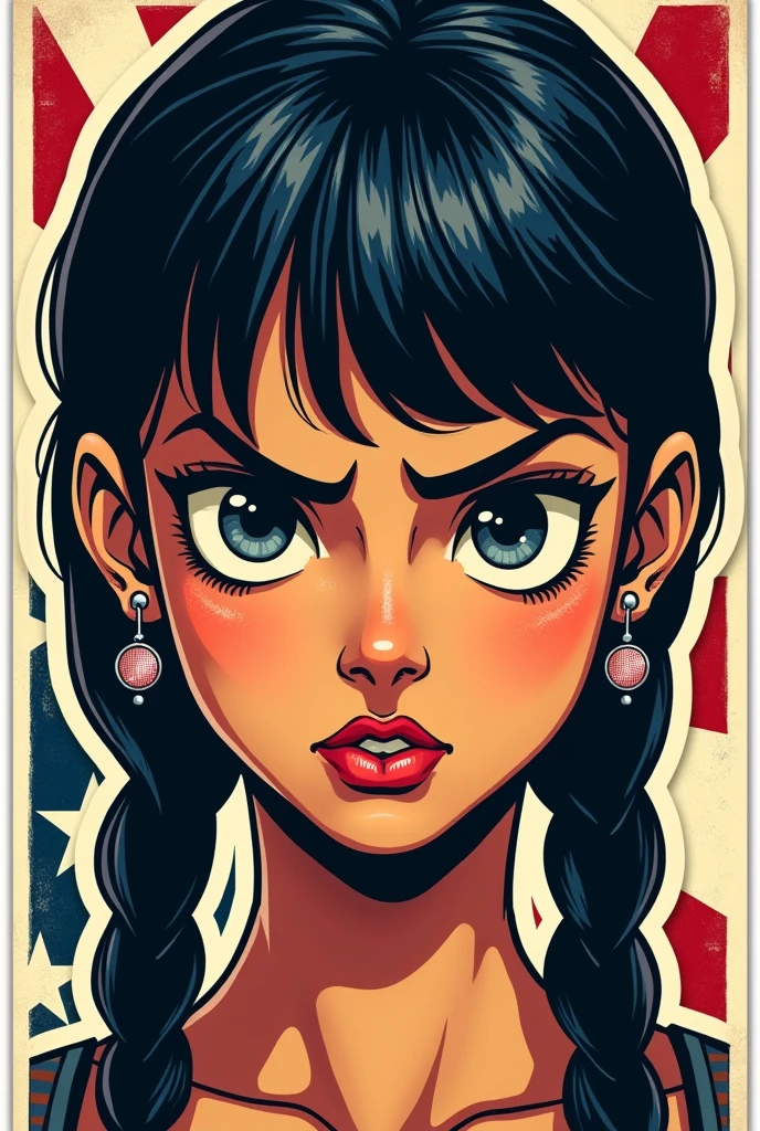 СТИКЕР, braid, braid, bangs, hood, crazy eyes, raised eyebrows, earrings, annoyed, vignetting, framed, trim marks, American propaganda poster, anatomically correct, high details