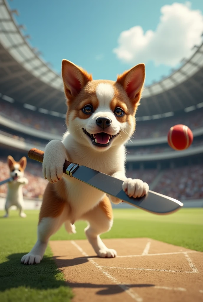 A dog playing cricket hitting a six in a stadium  with a knife not a bat and kitchen another dog with his feet