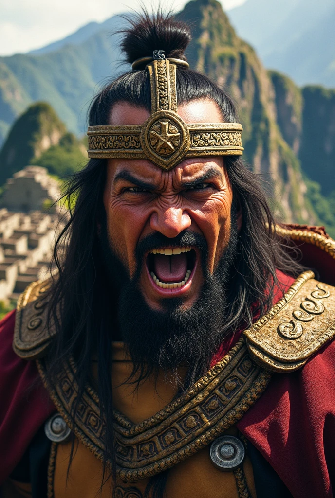 Inca Pachacutec in Machu Picchu with Inca insignia with the face of Pachacutec and more realistic with weapons and the face of an enraged Pachacutec. Without a beard, without a beard and angry. It could be without a beard that he is Inca without a beard with Pachacutec.