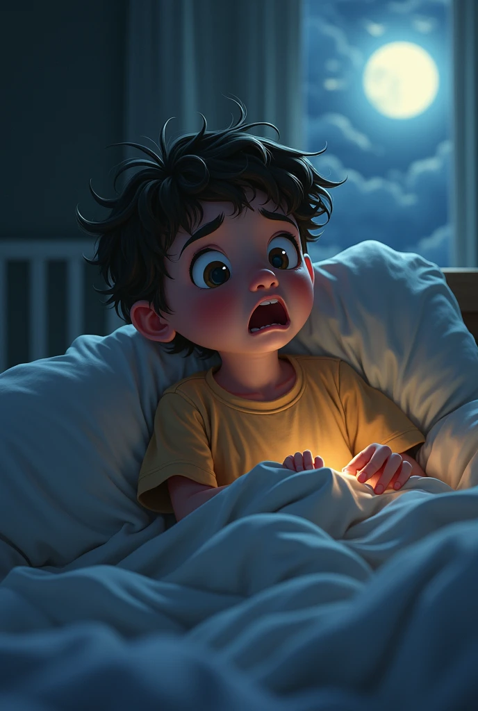 Boy waking up from a nightmare scared, and his mother comes to calm him down