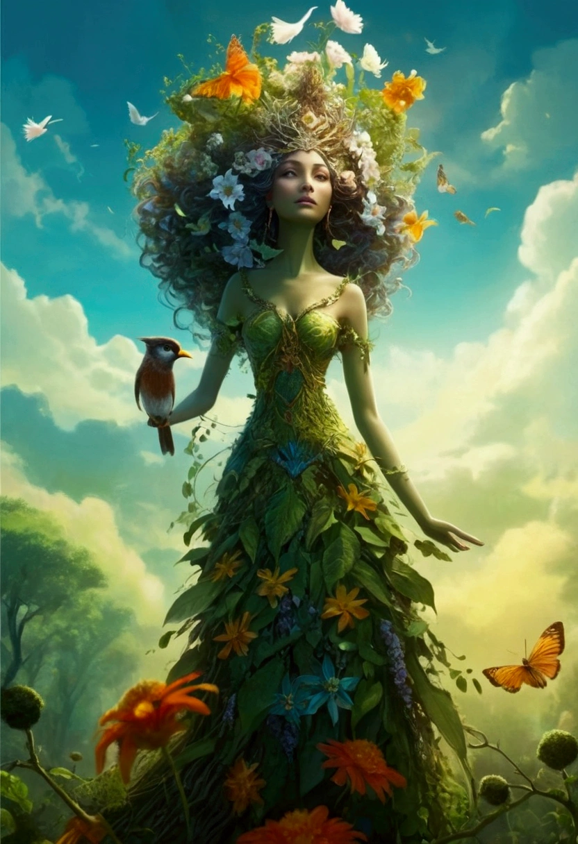 a woman in a flower dress and a bird in the sky, fairy queen of the summer forest, goddess of nature, goddess of nature, earth goddess mythology, woman made of plants, beautiful and elegant dryad, enchanted by the spirit of nature, animated film, character is in his natural pose, mother nature, Forest dryad, dark fantasy painting，cute, queen of nature, animated film