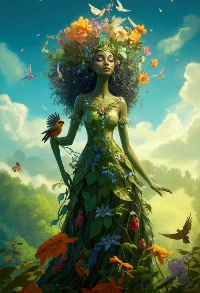 a woman in a flower dress and a bird in the sky, fairy queen of the summer forest, goddess of nature, goddess of nature, earth goddess mythology, woman made of plants, beautiful and elegant dryad, enchanted by the spirit of nature, animated film, character is in his natural pose, mother nature, Forest dryad, dark fantasy painting,cute, queen of nature, animated film