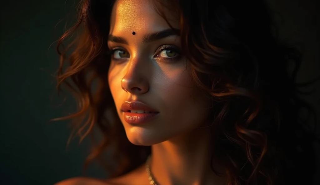 a beautiful mysterious Indian woman, intricate detailed face, piercing eyes, long eyelashes, delicate skin, natural beauty, flowing hair, candid elegant pose, dramatic lighting, cinematic mood, vibrant color palette, chiaroscuro lighting, high quality, photorealistic, 8k, intricate details, professional rendering