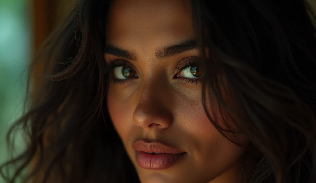 a beautiful mysterious Indian woman, intricate detailed face, piercing eyes, long eyelashes, delicate skin, natural beauty, flowing hair, candid elegant pose, dramatic lighting, cinematic mood, vibrant color palette, chiaroscuro lighting, high quality, photorealistic, 8k, intricate details, professional rendering