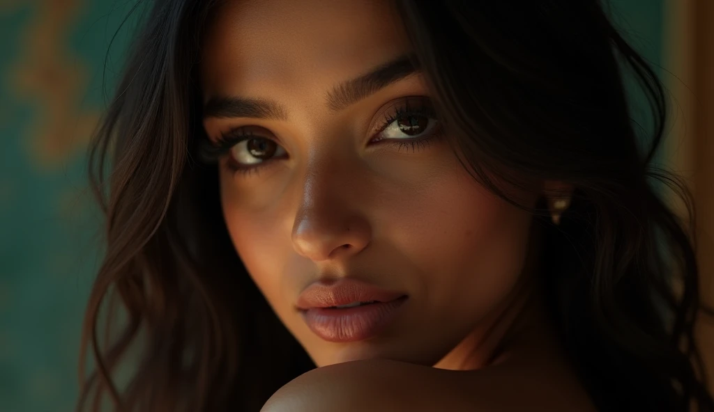 a beautiful mysterious Indian woman, intricate detailed face, piercing eyes, long eyelashes, delicate skin, natural beauty, flowing hair, candid elegant pose, dramatic lighting, cinematic mood, vibrant color palette, chiaroscuro lighting, high quality, photorealistic, 8k, intricate details, professional rendering