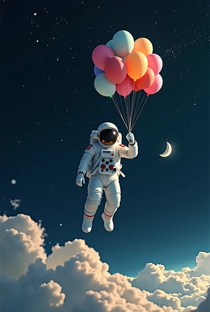 astronaut in space floating is space with balloons in his hand, there are stars behind him in background, and there is moon beneath him. there are also space clouds