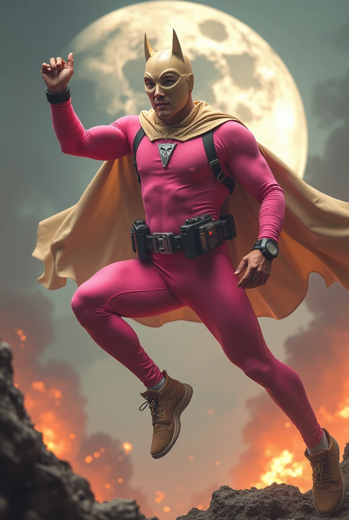 Close up portrait . Malaysia man in high-tech suit, vivid effects, malaysian superhero(( (KELUANG MAN))(( in a jumpsuit spandex pink and brown beige costume cyberpunk design reverse color((white eyes hero((, mask small mini bat ear beige,))(( beige bat mask domino beige cover head helmet))jumpsuit dark pink stands confidently in a dramatic.jumping from high place.hero costume.one hand rise up. Kicking air . (Small punisher in triangle shape on chest.). jumping from hight place. Fighting pose , stormy landscape. ((Head covered node guard like batman.)) Running pose , athletic body type, small mini ear bat mask))The character wears domino mask a helmet with pointed mini torn ears and a flowing cape biege, open nose and mouth. Equipped with visible futuristic weapons on a belt,bullet proof jacket pink dark day.show fingers pose, dark night, big supermoon effect . Small logo on chest triangle shape small ((mitch gerads punisher ) )). rocky. Building top.smoke ground , bomb effect background((, losse pants, losses costume.))beige bootsadding to --ar 3:4 --style raw --stylize 500 --v 6.1. chaos. Lot of small flying bat.two Hand ride up , open legs up one leg down in standby for jumping in high place. One leg on the high stone. Man. Backpack . Real man age 40 year old. One hand holding belt. Jump from high place. Open cape.two hand holding pisto