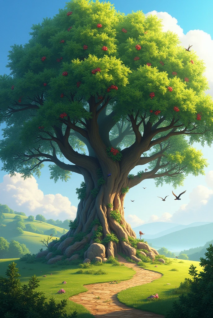 BIG TREE WITH BIRDS AND FRUIT (4K)