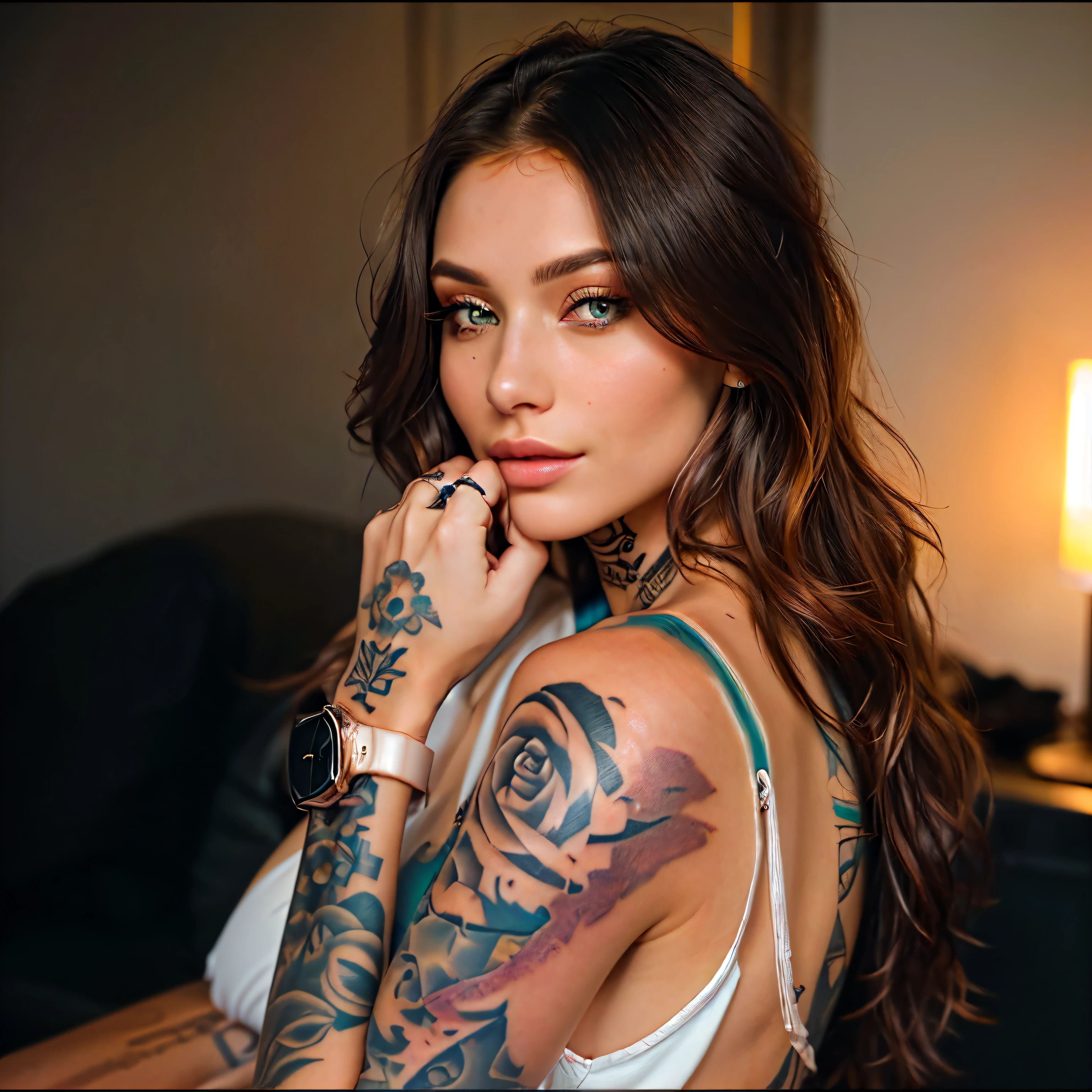 Arafed woman with a tattoo on her arm and wrist, color photograph portrait 4K, with tattoos, Anna Nikonova aka Newmilky, tattooed, portrait shot, attractive woman, photo of a beautiful woman, tattoo sleeve on her right arm, cute woman, soft portrait shot 8K, 60mm portrait, attractive girl, portrait photography 4K, looking at her watch.