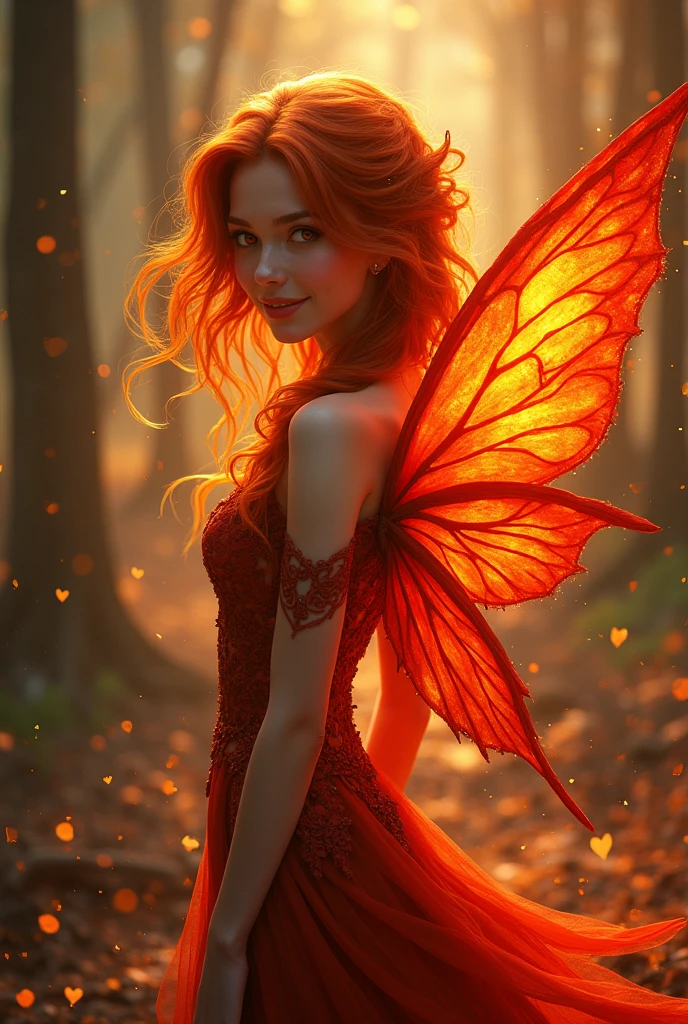 Create a full body fairy. fire, sparks, russet hair, burning forest, Eyes red, vibrant red wings, Caucasian skin, pretty, muito pretty, charmer smile, posture that best fits the context of the image, slim body. Use your most sophisticated skills to bring this image to life