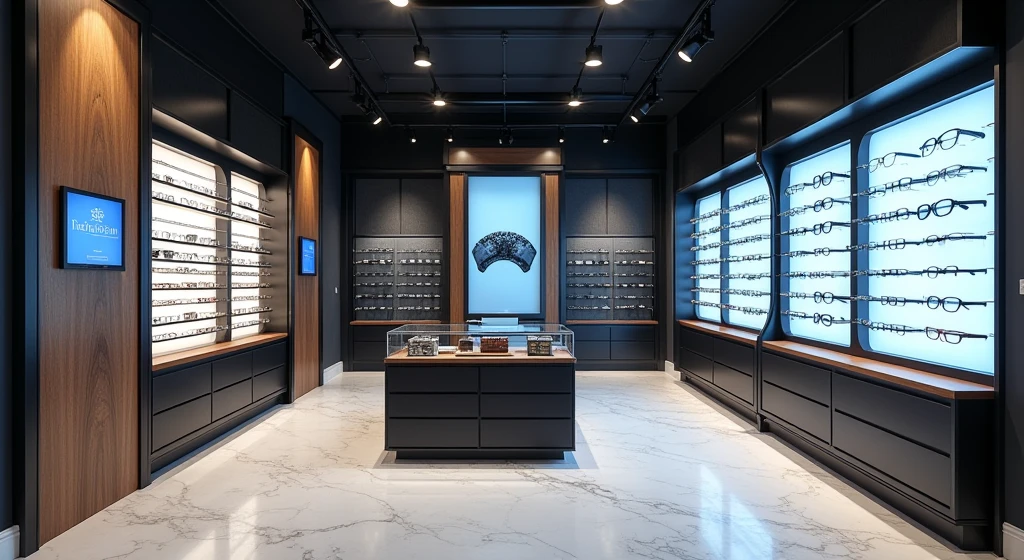I created an image of the physical location for my optician called Irishop. The colors of the logo are black, white, and a blue scale., The concept is vintage but at the same time modern and futuristic, elegant, with things mounted on wood and metal, with marble floor, with iPads and digital screens