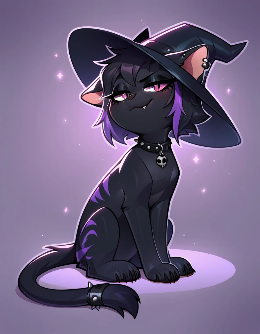 (score_9, score_8_up), score_7_up, score_6_up, best quality, highest quality, (feral), Goth girl, cat, furry, anthro, sitting, solo, official style, (witch hat), animal, (body fur), (black body, black skin, black fur), eyelashes, eyeliner, (black hair, purple hair, streaked hair), (messy hair, wild hair), animal ears, slit pupils, expressive eyes, beautiful eyes, smirk, fang, purple stripes, thin tail, tail ring, punk, piercings, collar, stockings, paws, uncensored, detailed background, jizoku