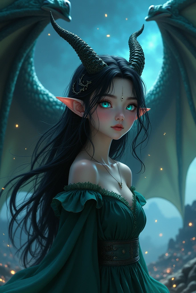 Fine, (Best Illustration), 8k Resolution, Intricate Details, Best Quality, Realistic, Ultra Detailed, Best Lighting, Best Shadows, Ultra HD, ((((Handsome Young girl))), ((teenage :1.5)), (glowing blue eyes), (glowing eyes), ((((long black hair: 1.1))), ((dark green clothes)), (princesse (indifferent expression), , (((nude))),(((vagina))), starry night sky, falling meteors, elf ears, ((fair skin)), with dragon horns on forehead, surrounded by giant dragons