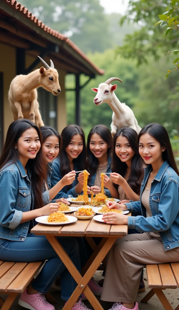 7 Beautiful Indonesian Women, his body is quite fat, fair skin, big nose, long wavy hair, wearing a denim jacket, long pants, wearing pink sneakers, sit down, eating position, on the table there is a plate of noodles and there is a goat standing on the woman's shoulders , happy faces all facing the camera, in front of the country house, morning mood, minimal defects, very detail, realistic, 8K picture