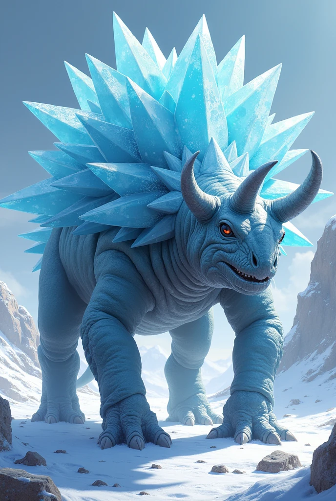 Please create an illustration of an alien creature called a Crystalback. It has the figure of a triceratops, with large crystals on its back. It has 5 eyes, almost like a spider. and lives in a glacier environment. It feeds off of frozen vegetation. It does not have horns on its head, and along with its four walking legs, it has 2 arms.