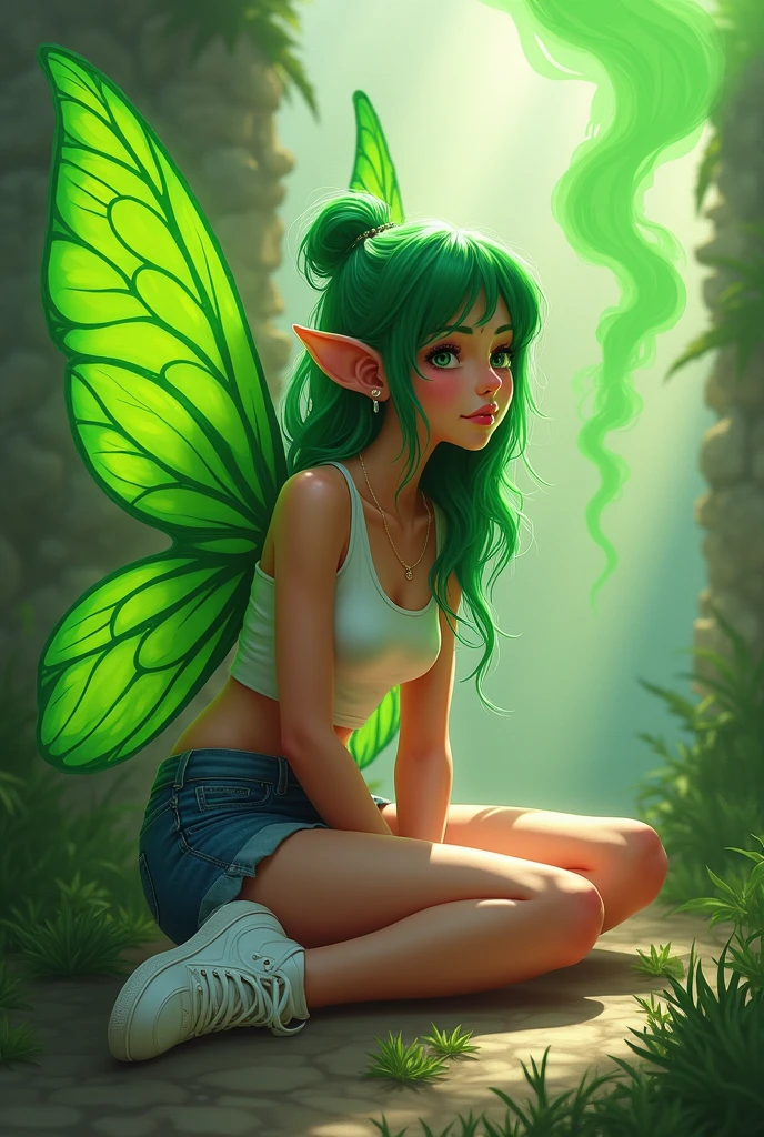 a modern fairy sitting on the floor, green smoke comes out of her, she is wearing jean shorts, white sneakers, a half-shoulder t-shirt, green wings come out of her back, she is sitting on her side. has normal body, personification of marijuana, green smoke, acid pixie, acid pixie, acid pixie, vibrant cartoon, weed background, fantasy pop art, pixie dust pixie, cartoon digital painting, a smoke to your around, green magic, some green, green skin, grass, amazing art, beautiful character painting, amazing artwork, perfect artwork