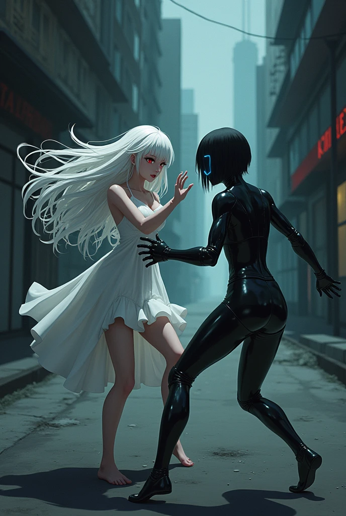 The image is anime style Darker than black with shadows and dim lights, anime style although somewhat adult and dark, It shows a scene of the roads of a city. In the image, an albino with long white hair and red eyes is fighting., who wears a short white dress and has bare feet, against a female android who has short black hair and a latex suit and one blue eye and the other brown. They fight bare-knuckle on the road. They are in combat stances. The image is focused from above, so you can barely see the fighters in question. Only they are in the picture