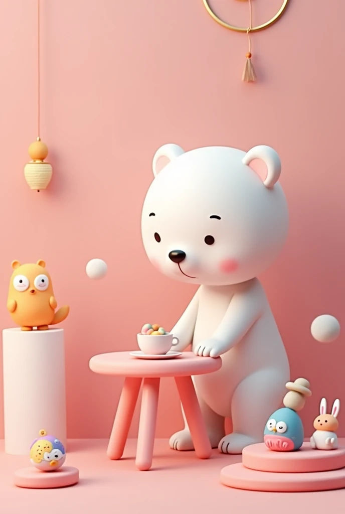 there is a white bear holding a pink table with a cup on it, pink iconic character, (pink colors), art toys on a pedestal, Wang Chen, cute 3 d render, heartwarming, upright, Pillar, high quality], Ghost Festival, p. J. n, high deatil, (digital art)