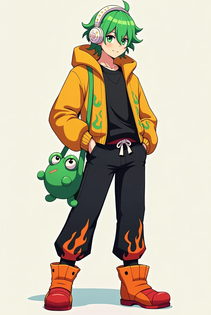 male character, with green hair, green eyes, white headphones with stars, a kawaii green frog bag , black shirt with fire pattern, black pants with fire pattern, orange and red boots, and be an adult.