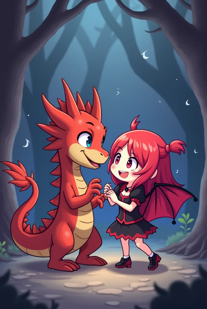 A male dragon with a long red tail along with a vampire with red hair and a short dress, both in chibi form