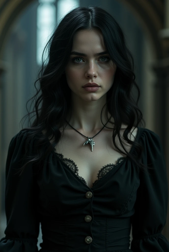 Create a photo of actress Margaret Qualley,  she's pale, her eyes are gray and her hair is black and wavy. She wears a black, antique dress, wears a small silver crow-shaped necklace, and has a dark aura. THE SETTING IS HOGWARTS. 