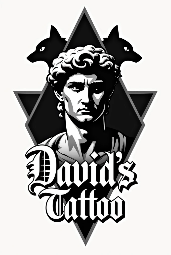 Generate logo with gothic and lettering style, Also based on Michelangelo's statue of David, for a tattoo studio called David'S Tattoo, geometric figures such as triangles can be used in the simplest possible way and in silhouette.. Heads of cats or crows