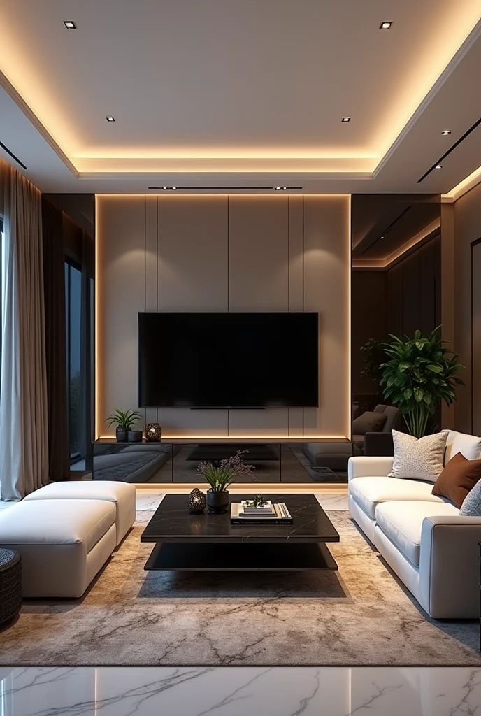 "A luxurious modern living room with a huge space. The room features elegant black and white sofas arranged in style. The lighting is indirect, which creates a soft and sophisticated atmosphere. A beautiful large flat screen TV is mounted on the wall, blending perfectly with modern decor. The apartment is impressive, Possibly marble or polished wood, which adds opulence to the room. On an elegant coffee table in the center.", "Size": "1920x 1080"